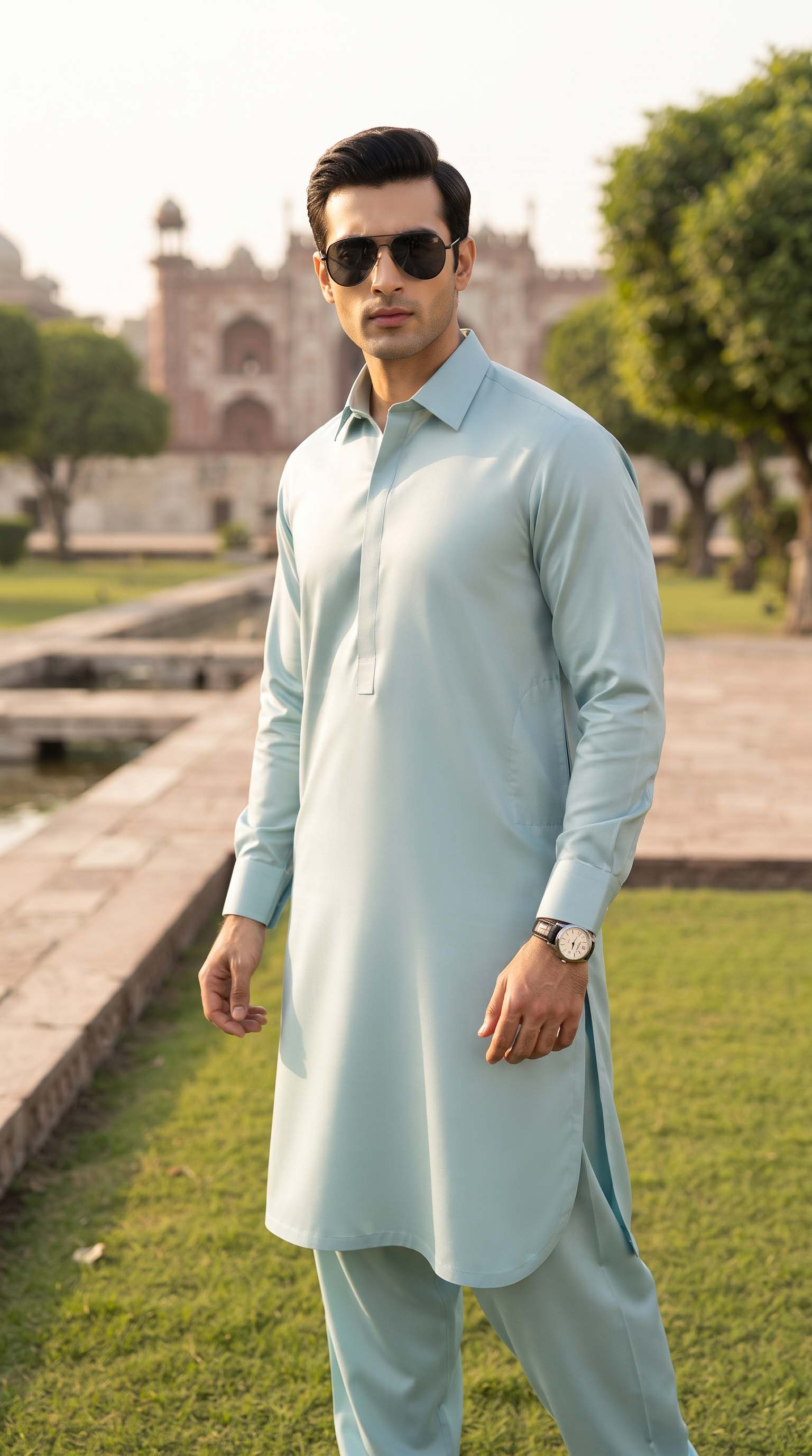 Sada Bahar Sage Blue Unstitched Fabric – Classic Collar Style | Azadi Sale