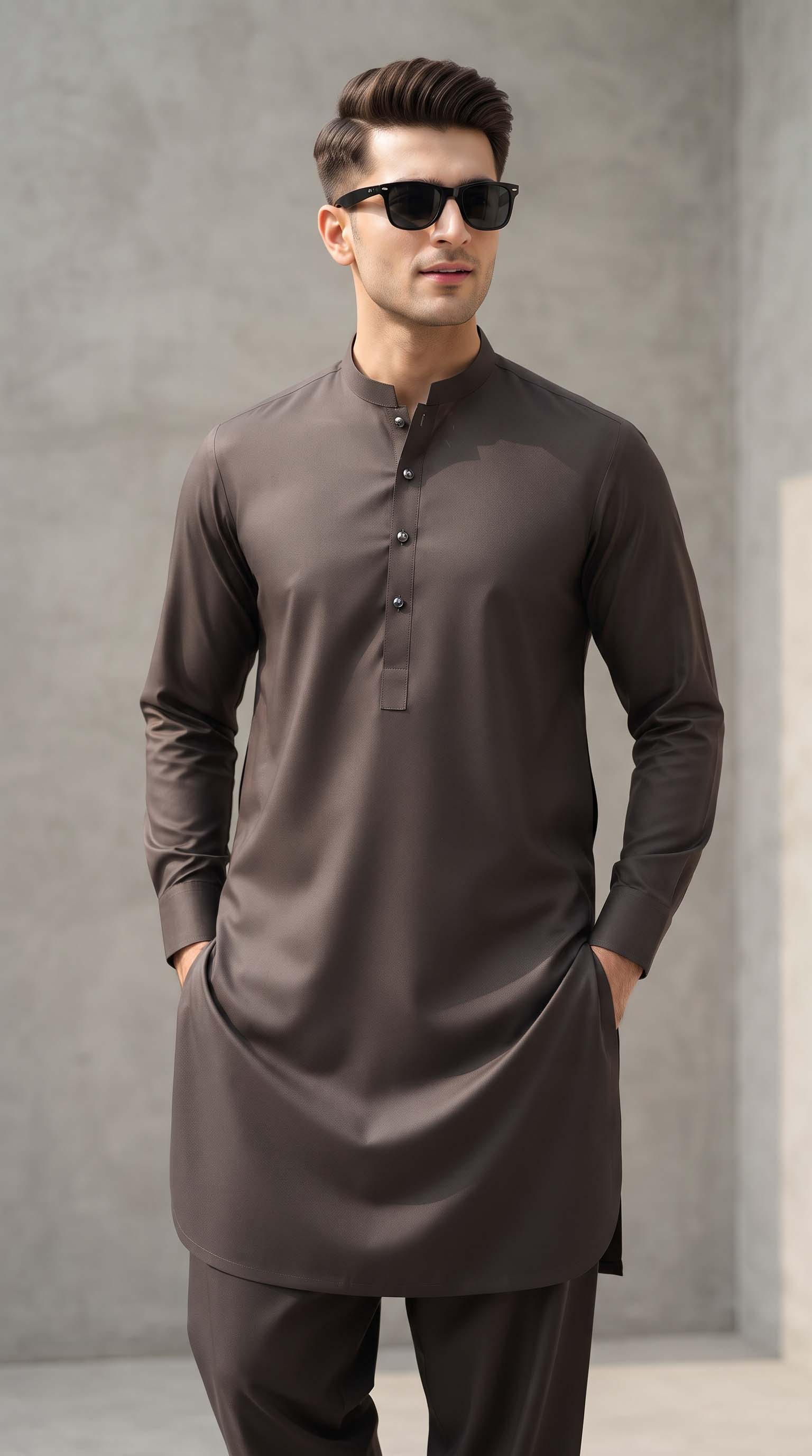 Sada Bahar Taupe Grey Unstitched Fabric – Classic Collar Style | Azadi Sale