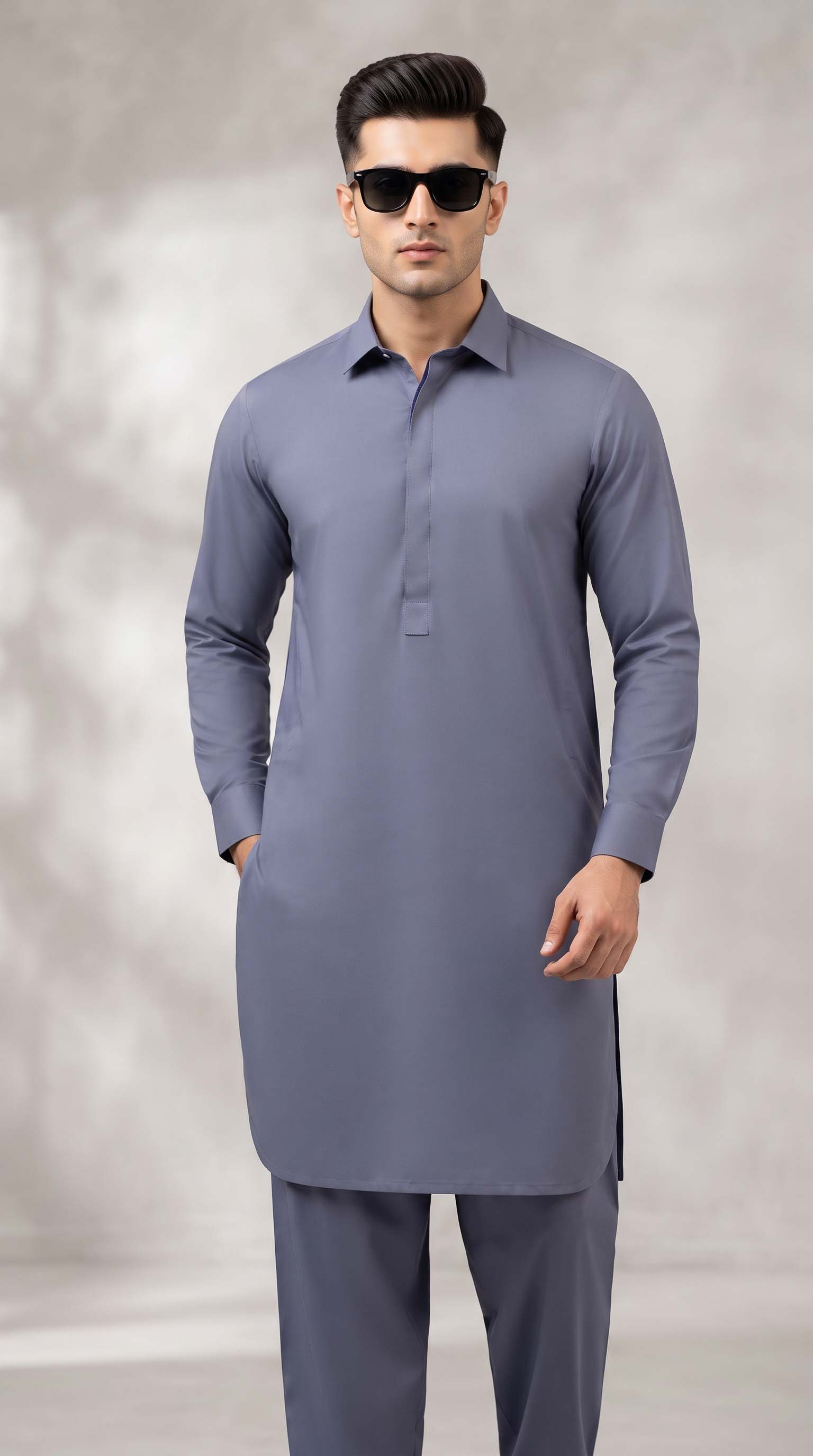 Sada Bahar Steel Blue Unstitched Fabric – Classic Collar Style | Azadi Sale
