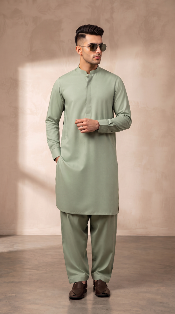 Premium Wash & Wear Boski Kurta Shalwar | Sage Green
