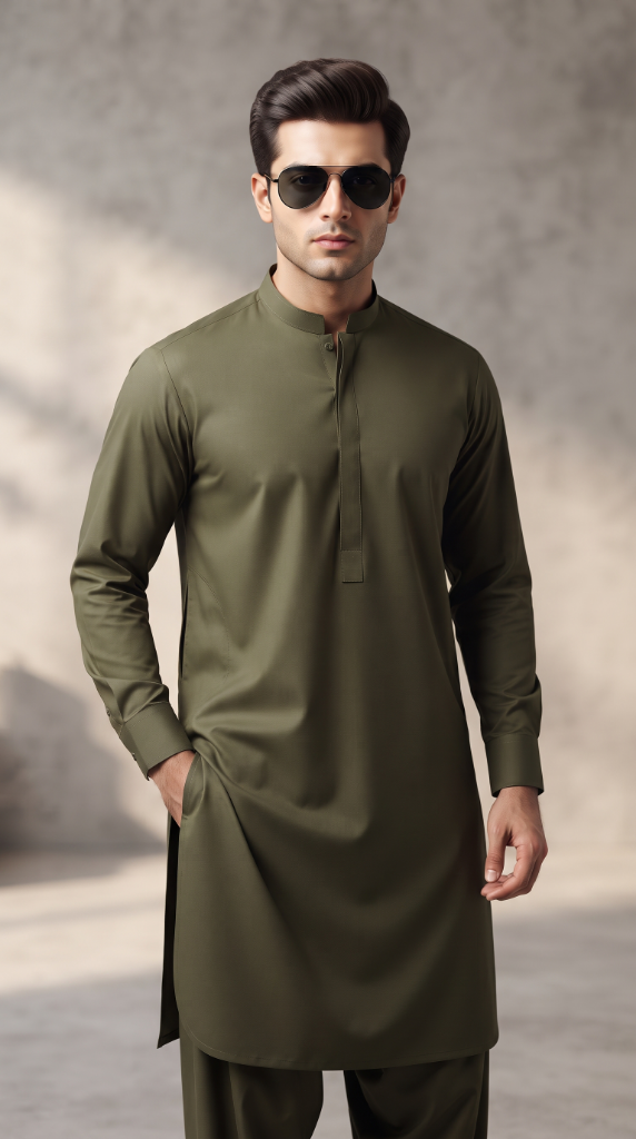 Premium Wash & Wear Boski Kurta Shalwar | Olive Green