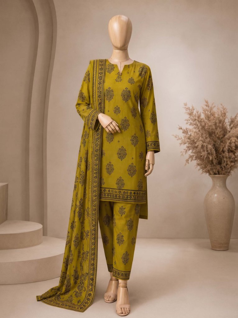 Orients Summer Vol#1 Printed Lawn 3-Piece Suit | Olive Chartreuse