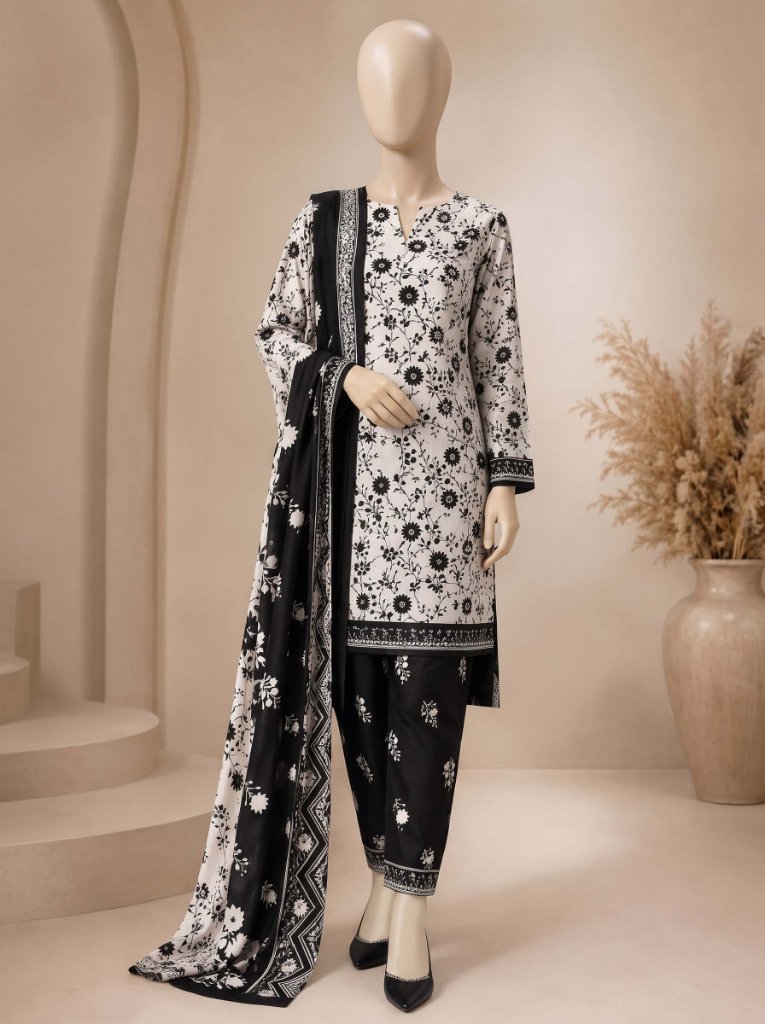 Orients Summer Vol#1 Printed Lawn 3-Piece Suit | White Black Floral