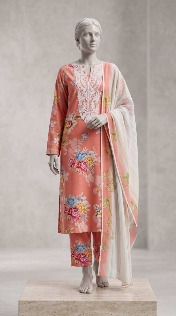 Shanaya Printed Lawn 3-Piece Unstitched Suit | Coral Salmon Pink