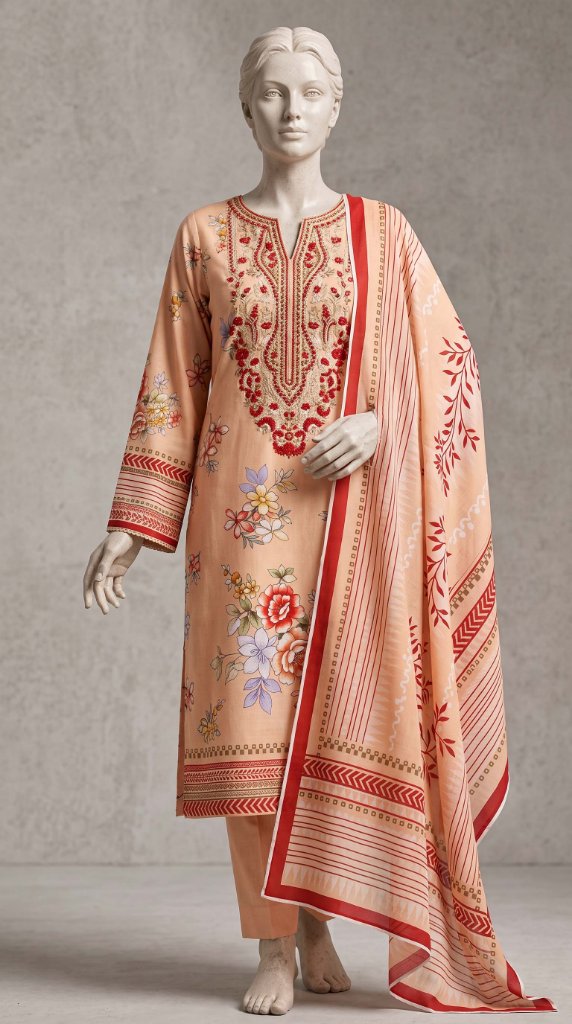 Shanaya Printed Lawn 3-Piece Unstitched Suit | Peach Apricot Embroidered