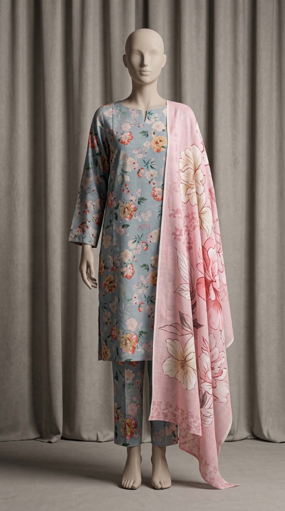 Shanaya Printed Lawn 3-Piece Unstitched Suit | Sky Blue Soft Floral