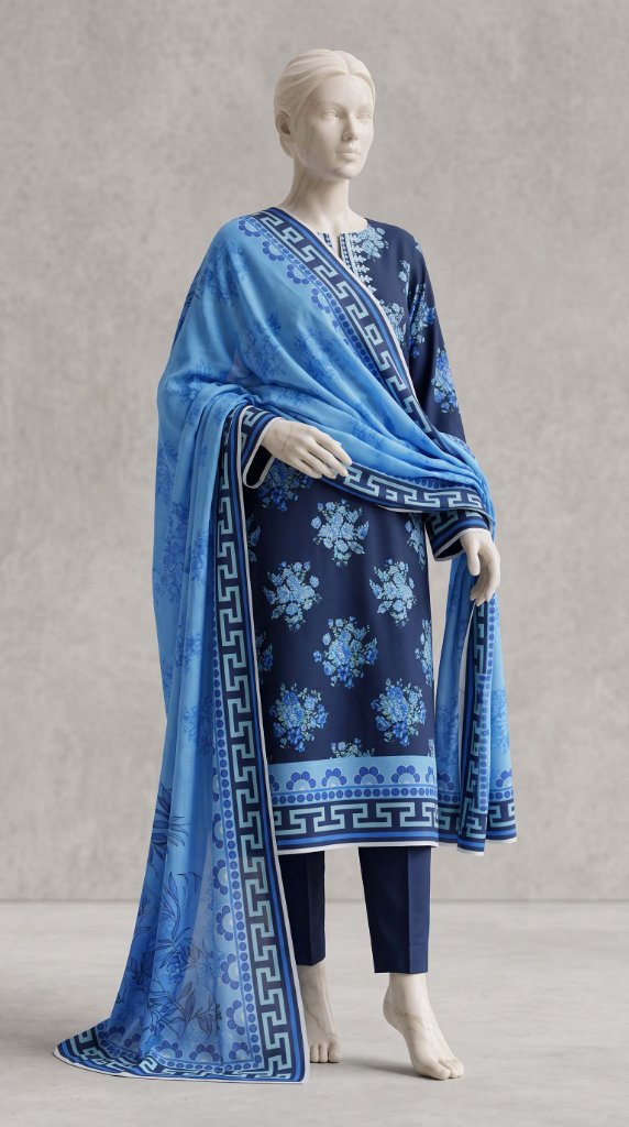 Shanaya Printed Lawn 3-Piece Unstitched Suit | Navy Blue Geometric