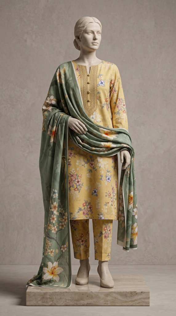Shanaya Printed Lawn 3-Piece Unstitched Suit | Mustard Yellow Floral