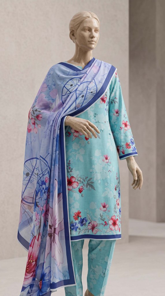 Shanaya Printed Lawn 3-Piece Unstitched Suit | Aqua Cyan Watercolor