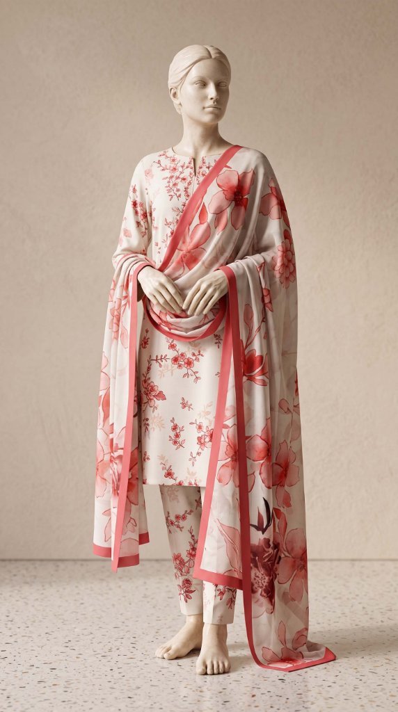 Shanaya Printed Lawn 3-Piece Unstitched Suit | Off White Coral Print