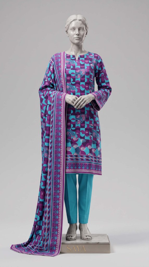 Saya Tana Dora Lawn 3-Piece Suit | Purple Teal Geometric