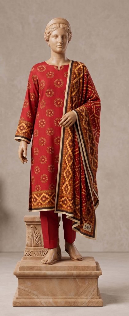 Saya Tana Dora Lawn 3-Piece Suit | Red Ikat Ajrak