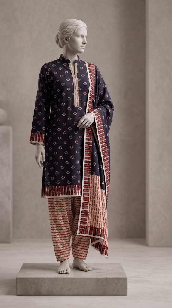 Saya Tana Dora Lawn 3-Piece Suit | Dark Navy Medallion