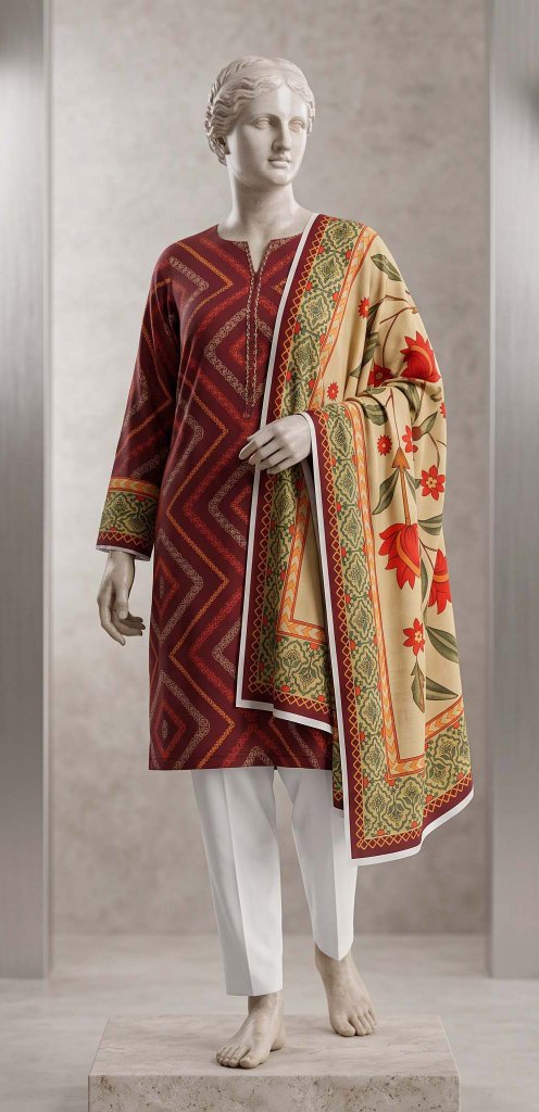 Ego Digital Lawn 3-Piece Suit | Maroon Chevron Floral