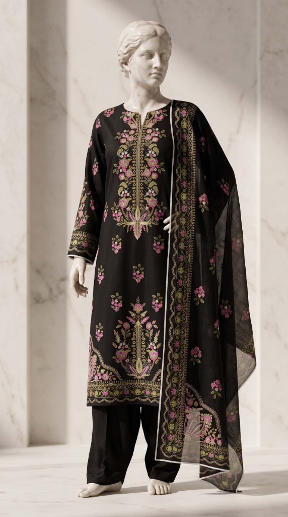 Mausummery 2026 3PC Lawn Suit | Black Floral Embroidered