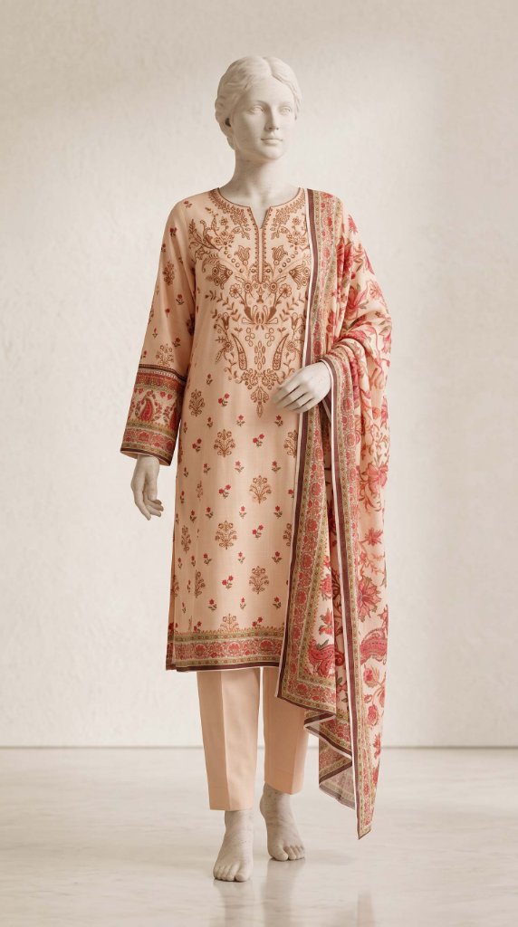 Mausummery 2026 3PC Lawn Suit | Peach Floral Paisley