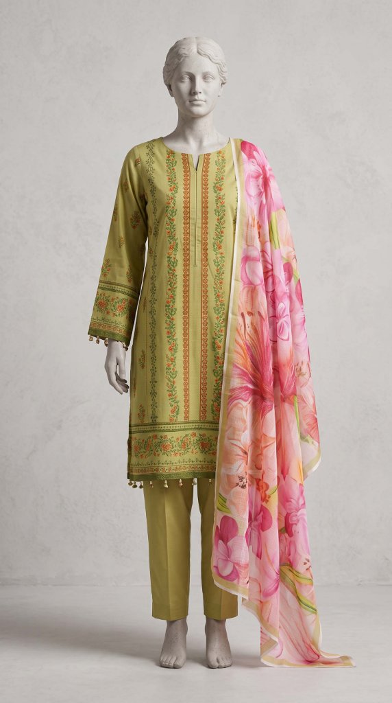 Mausummery 2026 3PC Lawn Suit | Mustard Olive Floral Tassel