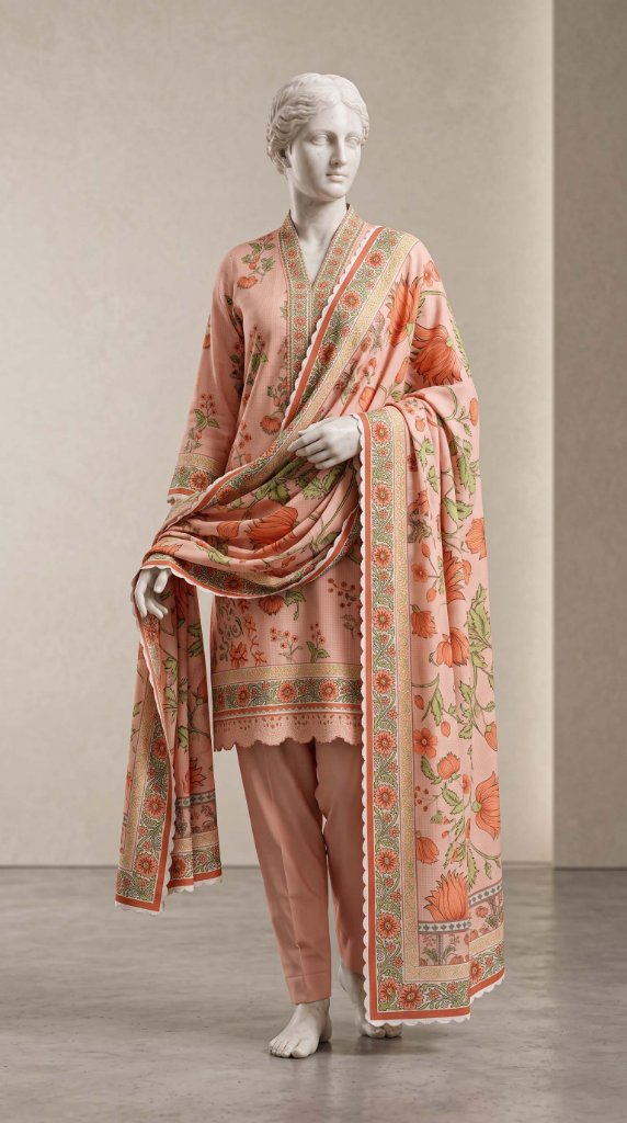 Mausummery 2026 3PC Lawn Suit | Peach Floral Scalloped