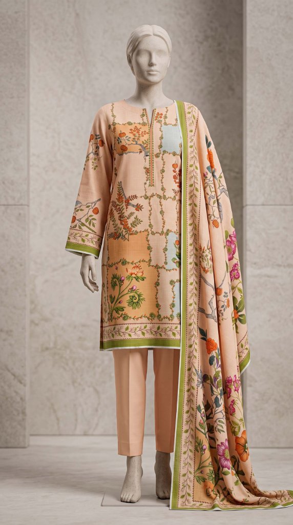 Mausummery 2026 3PC Lawn Suit | Peach Patchwork Floral