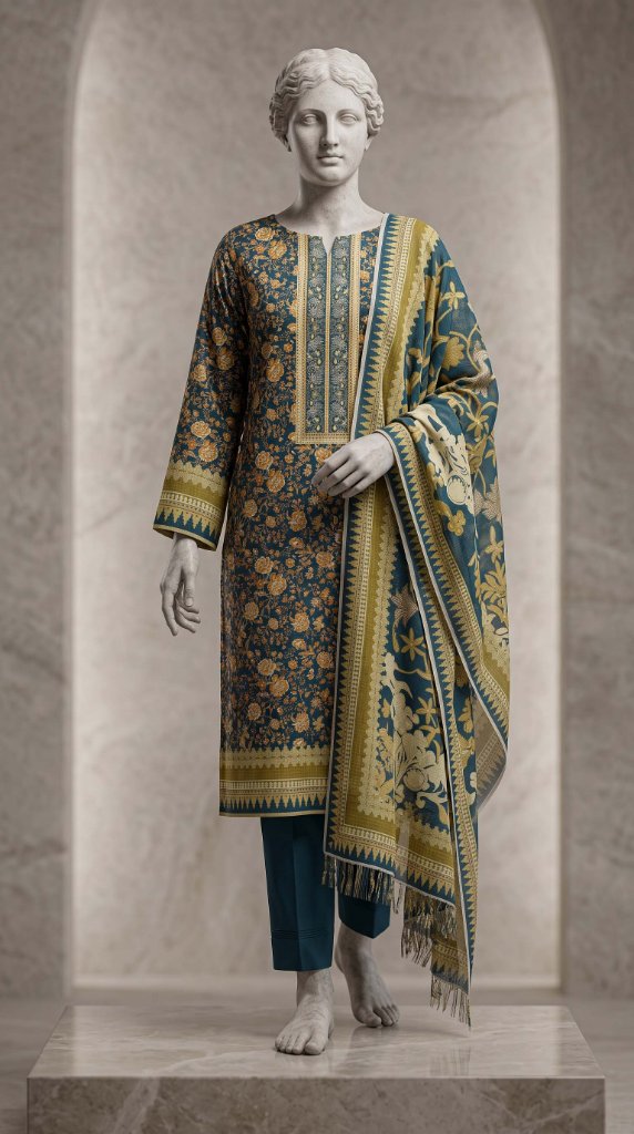 Bin Saeed 2026 3PC Lawn Suit | Teal Blue Golden Floral