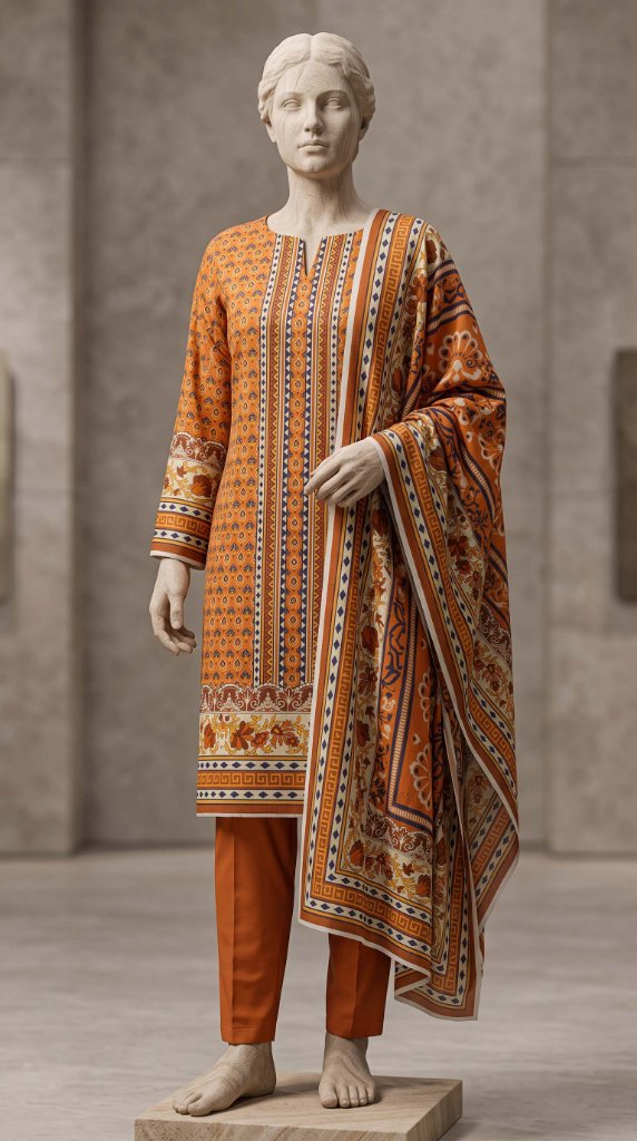 Bin Saeed 2026 3PC Lawn Suit | Orange Greek Border Paisley