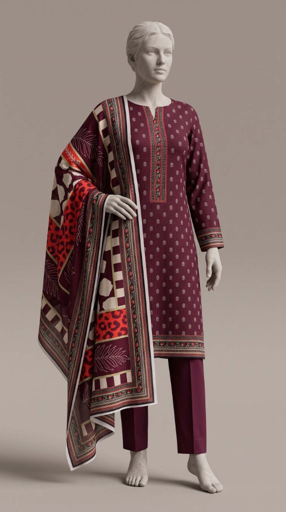 Bin Saeed 2026 3PC Lawn Suit | Maroon Wine Leopard Border