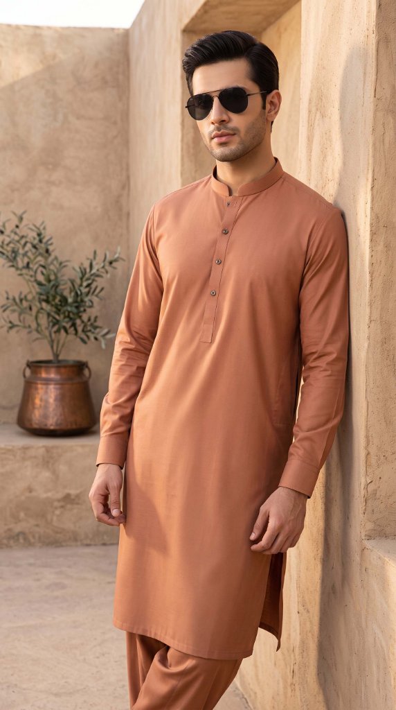 J. Junaid Jamshed Men Summer Kurta Shalwar | Copper Rust Brown