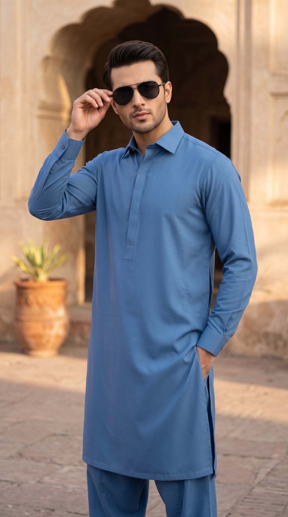 J. Junaid Jamshed Men Summer Kurta Shalwar | Steel Blue