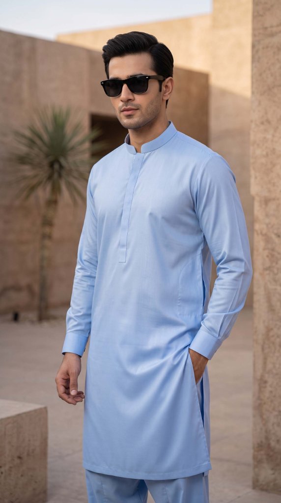 J. Junaid Jamshed Men Summer Kurta Shalwar | Sky Blue Mandarin Collar