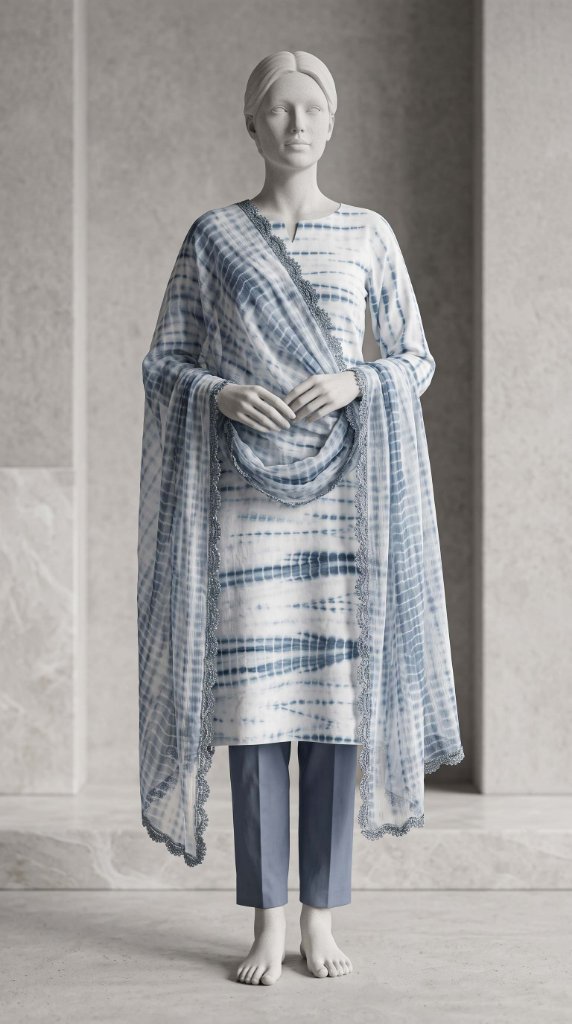 Sapphire Tie & Dye 3PC Lawn Suit | Slate Blue Grey