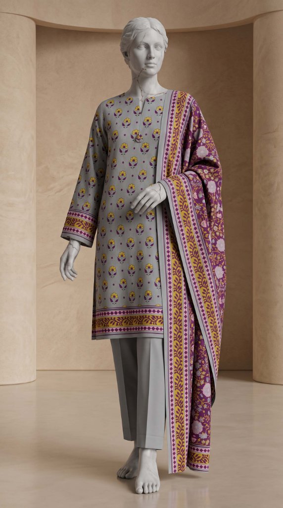 Nishat 3PC Lawn Suit | Grey Floral Magenta Border