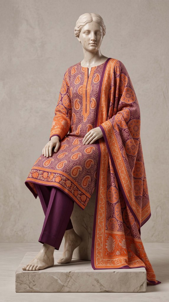 Nishat 3PC Lawn Suit | Orange Purple Paisley Medallion