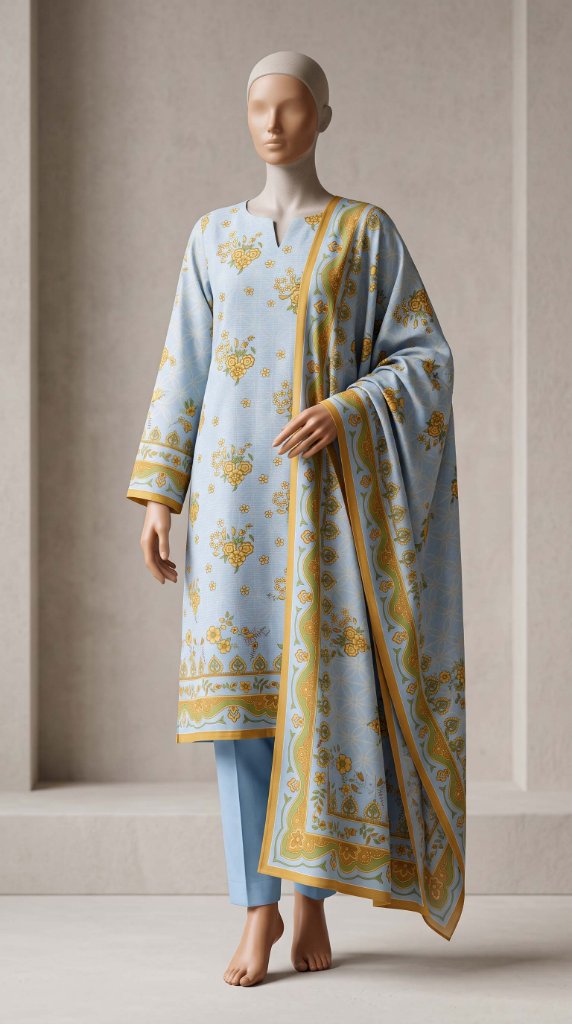 Nishat 3PC Lawn Suit | Sky Blue Floral Yellow Border